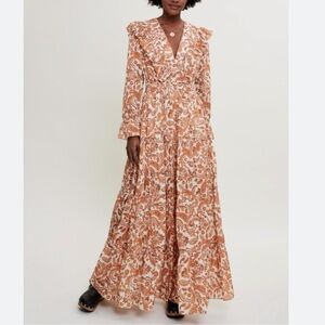 Maje Women 34/XS Ruflina Maxi Dress Tiered Orange Paisley Print Cottage Boho new